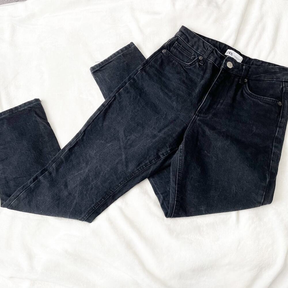 Zara mom jeans black distressed denim high waist size 4 100% cotton